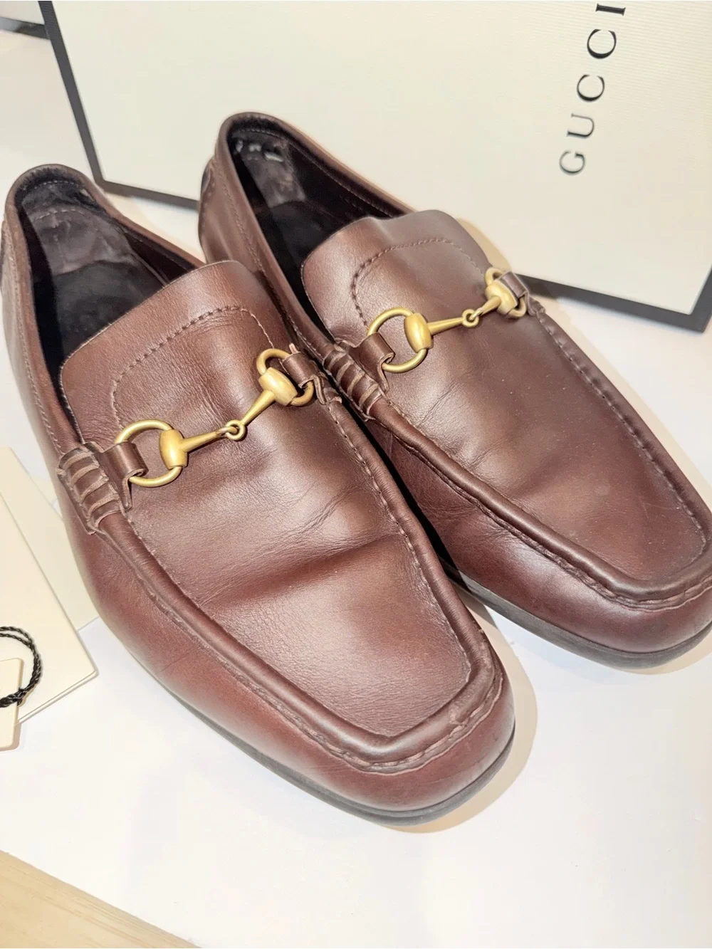 In Box Gucci Brown Leather Horsebit Slip-On Loafers, Sz 11 1/2
